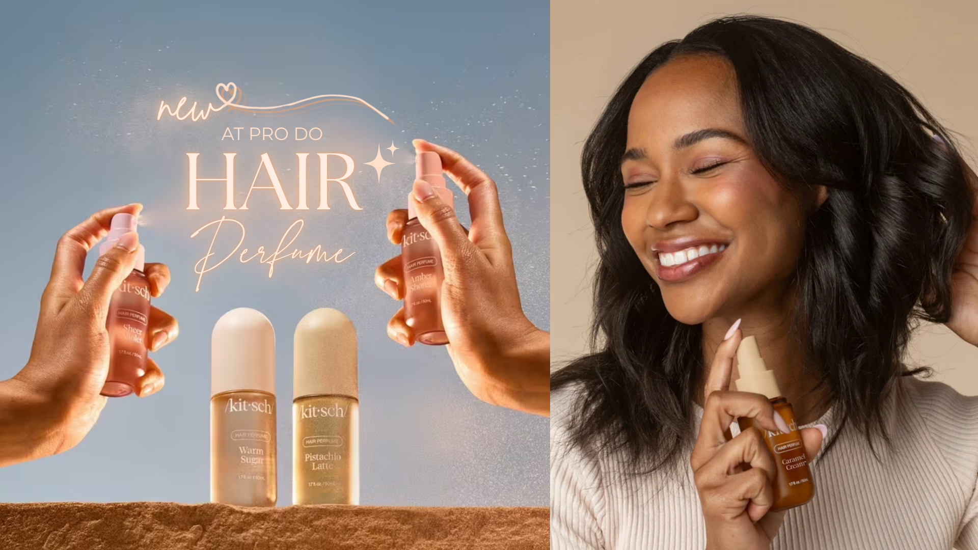 Kitsch hair perfume sprays and bottles alongside a woman with styled hair