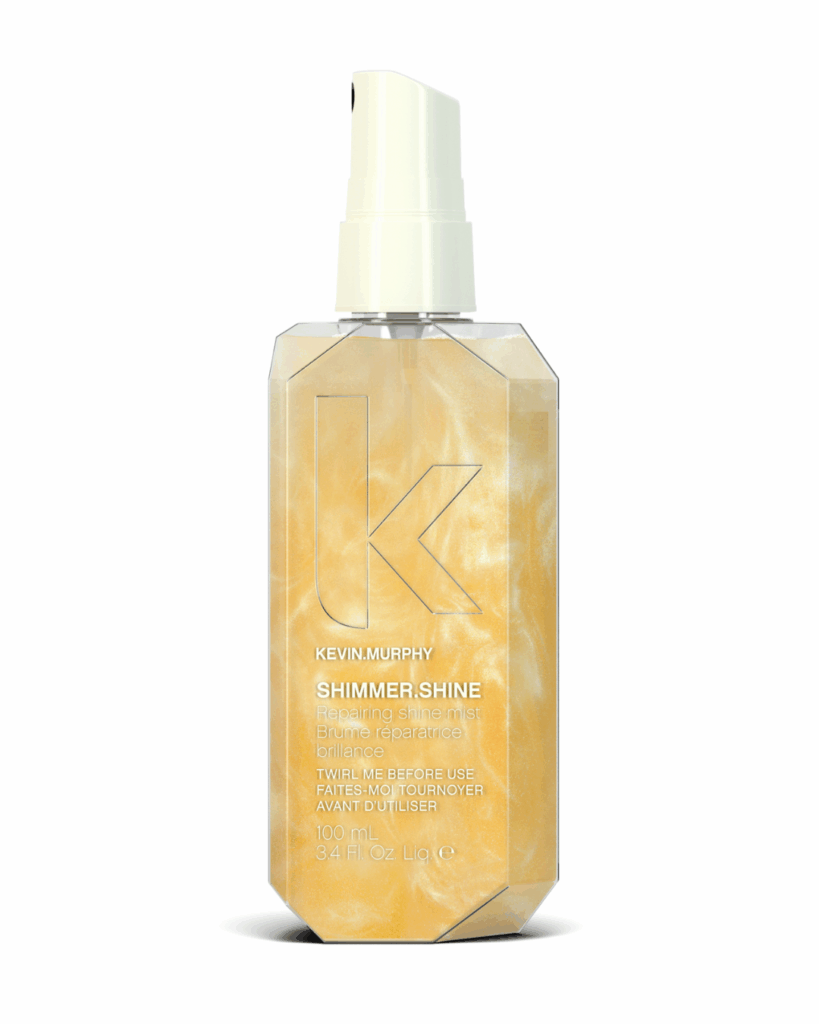 Kevin Murphy Shimmer Shine repairing shine mist in a clear bottle, a lightweight styling spray used to add glossy finish and smooth flyaways during professional blowouts at Pro Do Blow Dry Bar.