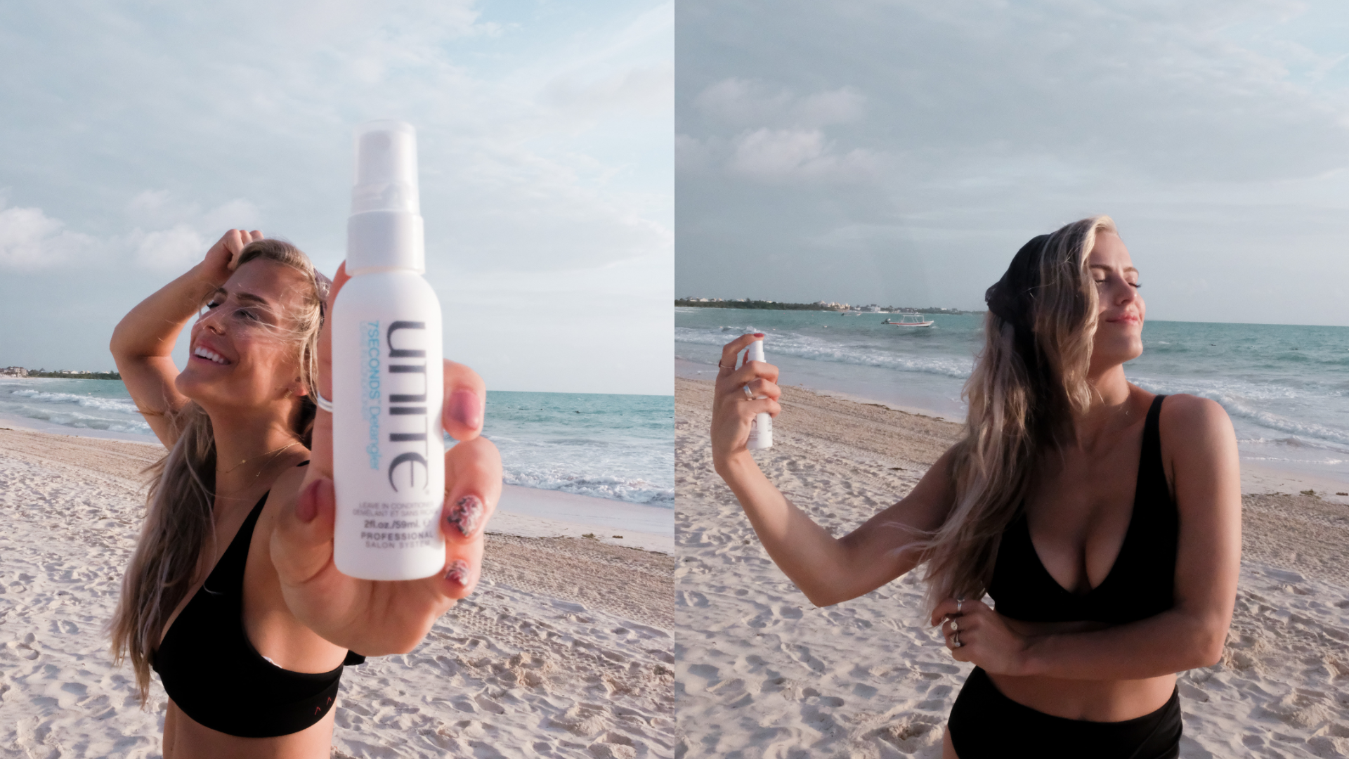 Woman on a sunny beach using and holding up Unite 7 Seconds Detangler spray, smiling with ocean waves in the background.