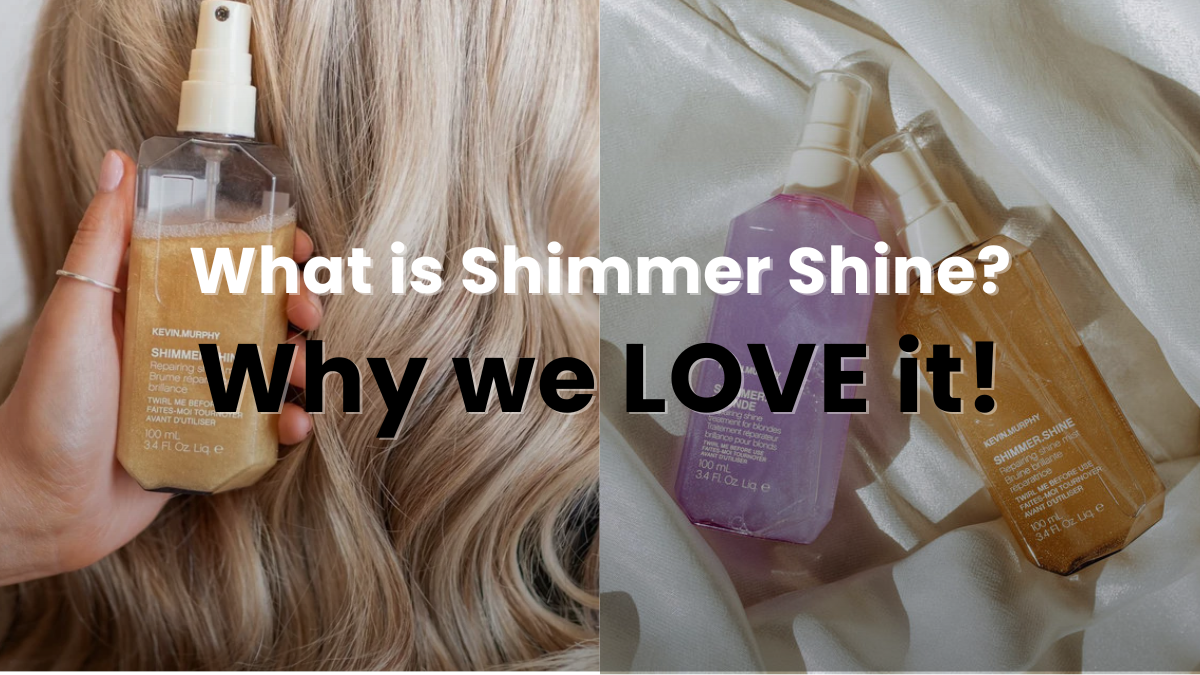 Kevin Murphy Shimmer Shine spray shown on blonde hair and styled on satin fabric, highlighting its lightweight shine and glow-enhancing finish for blowouts