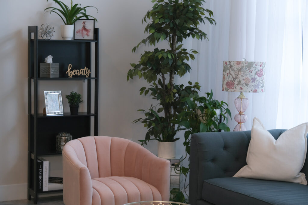 Sitting room of The Studio at pro Do Blow Dry Bar, a private space for special events and hairstyling birthday parties.