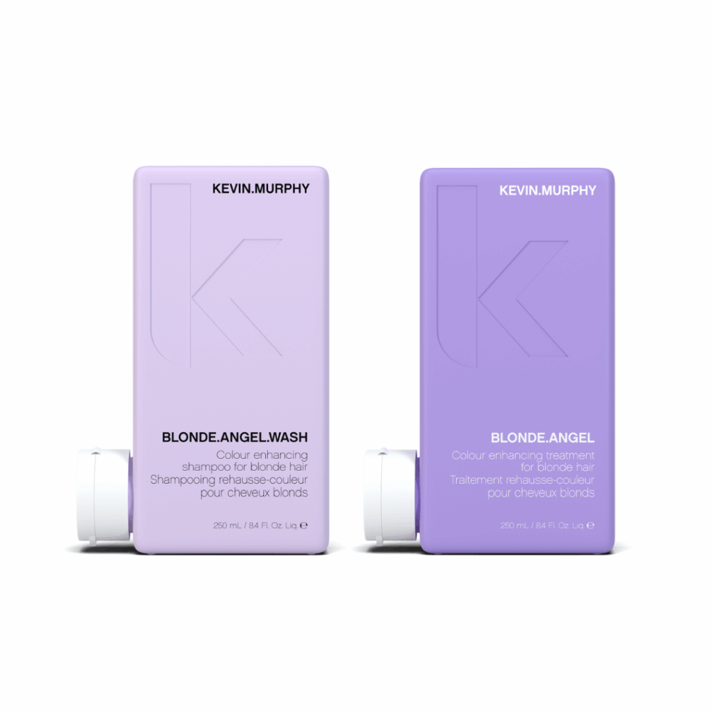 Kevin Murphy Blonde.Angel.Wash and Blonde.Angel treatment bottles in lavender packaging designed for blonde and gray hair.