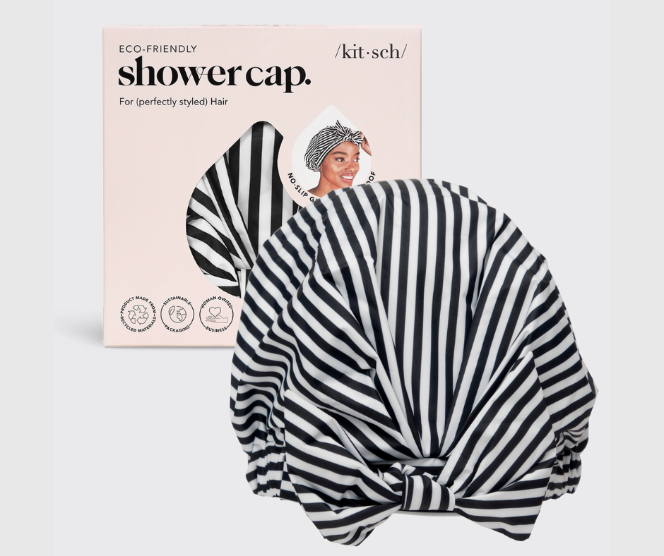 Kitsch black and white striped eco-friendly shower cap with packaging