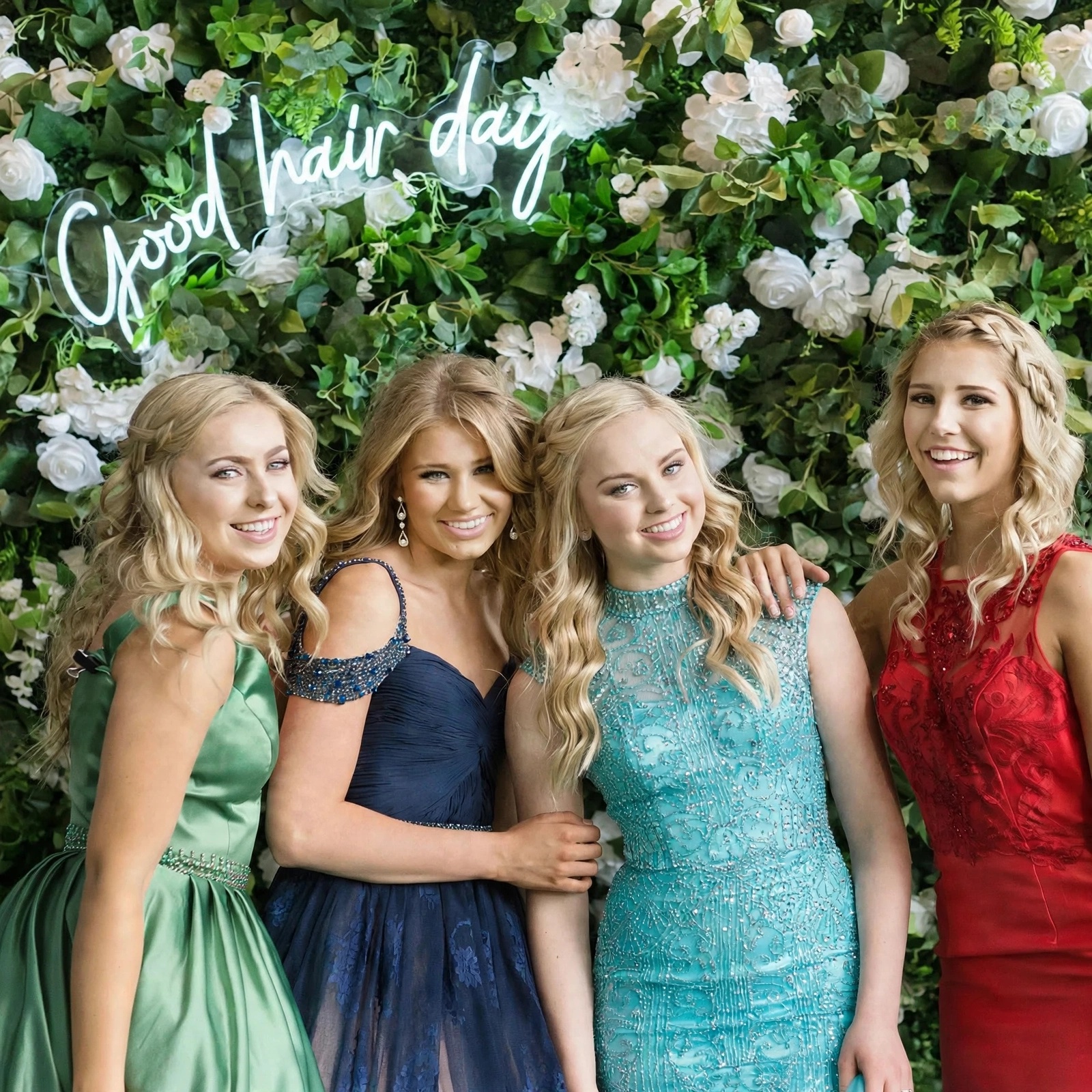 Four friends dressed for a school dance at The Ready Room flower wall