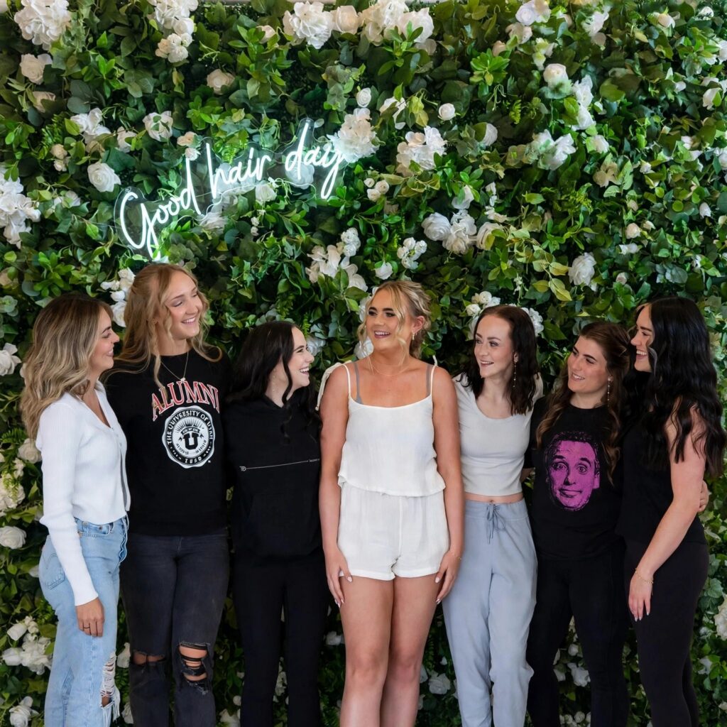 Seven friends celebrating at The Ready Room flower wall
